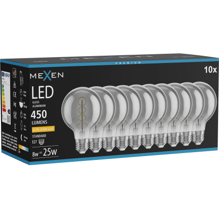 Mexen Vintis 10x LED-Filament-Spiralbirne E27, G80, 8W, Warm - 2200K, 450 lm, Rauch - L165-E27-0822-70x10