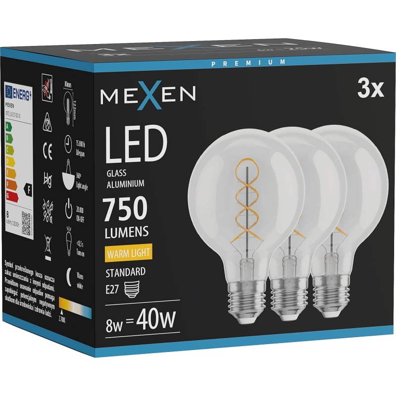 Mexen Vintis 3x LED-Filament-Glühbirne Spirale E27, G80, 8W, Warm - 2700K, 750 lm, klar - L165-E27-0827-00x03