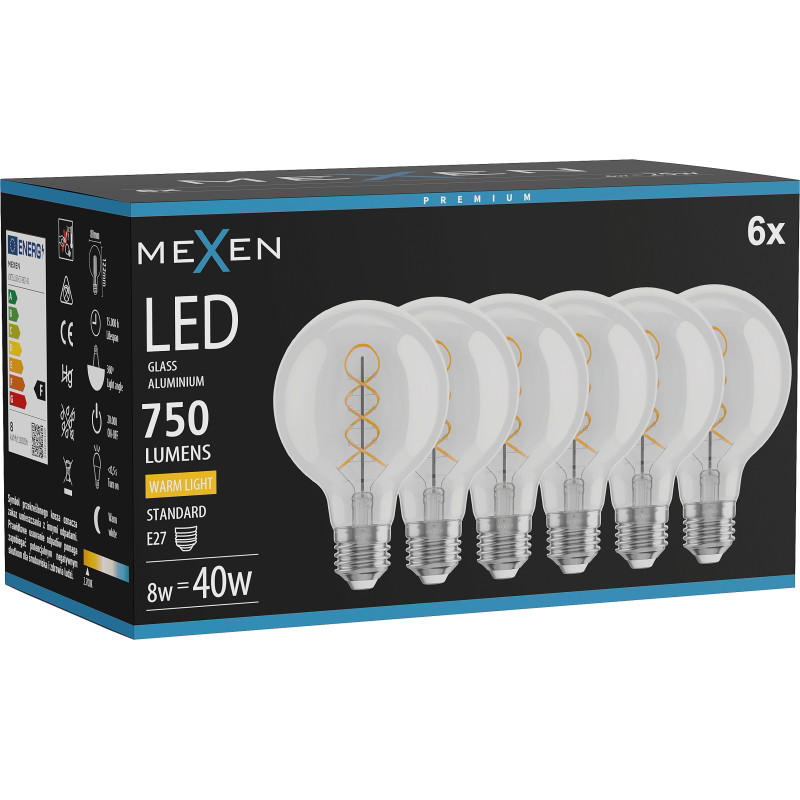 Mexen Vintis 6x LED-Filament-Glühbirne Spirale E27, G80, 8W, Warm - 2700K, 750 lm, klar - L165-E27-0827-00x06