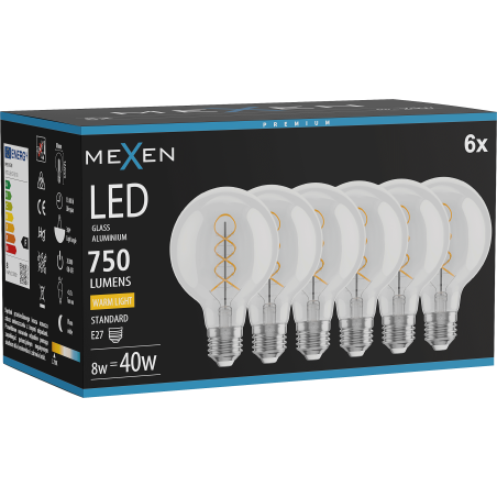 Mexen Vintis 6x LED-Filament-Glühbirne Spirale E27, G80, 8W, Warm - 2700K, 750 lm, klar - L165-E27-0827-00x06