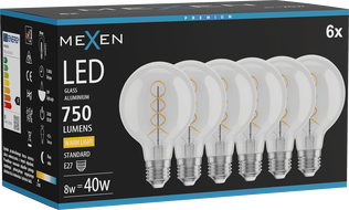 Mexen Vintis 6x LED-Filament-Glühbirne Spirale E27, G80, 8W, Warm - 2700K, 750 lm, klar - L165-E27-0827-00x06