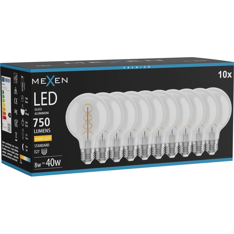 Mexen Vintis 10x LED-Filament-Spirallampe E27, G80, 8W, Warm - 2700K, 750 lm, klar - L165-E27-0827-00x10