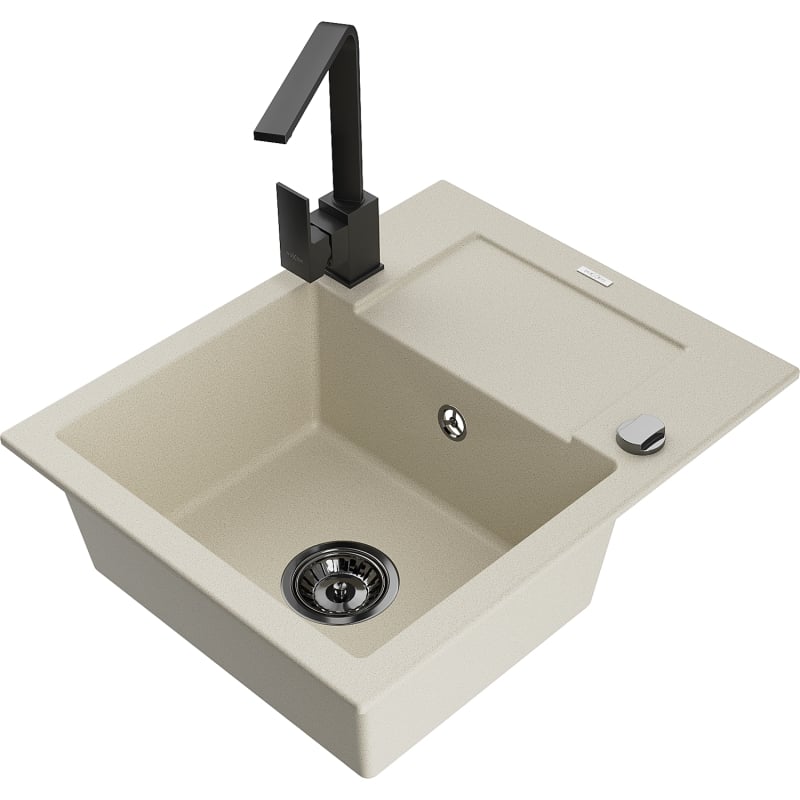 Mexen Enzo Granitspüle 1-Becken mit Abtropfbrett und Küchenarmatur Rita, beige - 6506-69-670300-70
