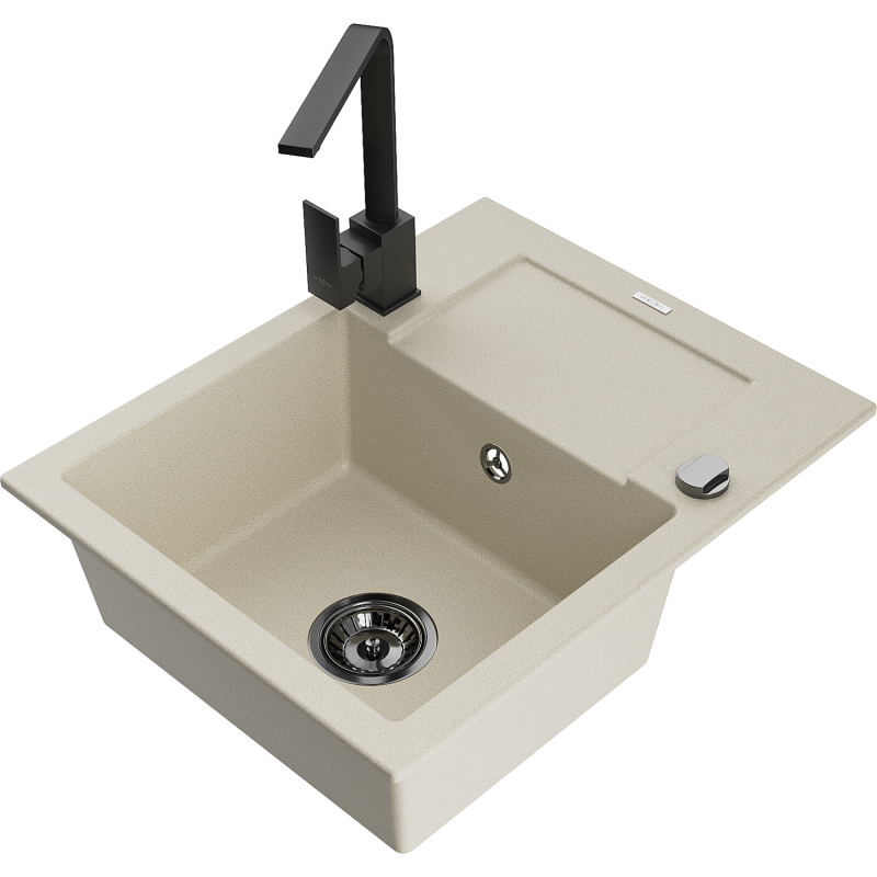 Mexen Enzo Granitspüle 1-Becken mit Abtropffläche und Küchenarmatur Rita, beige - 6506-69-670300-70