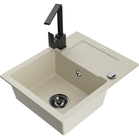 Mexen Enzo Granitspüle 1-Becken mit Abtropffläche und Küchenarmatur Rita, beige - 6506-69-670300-70