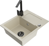 Mexen Enzo Granitspüle 1-Becken mit Abtropffläche und Küchenarmatur Rita, beige - 6506-69-670300-70
