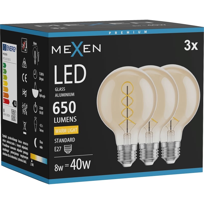 Mexen Vintis 3x LED Filament Spiralbirne E27, G80, 8W, Warm - 2700K, 650 lm, bernstein - L165-E27-0827-50x03