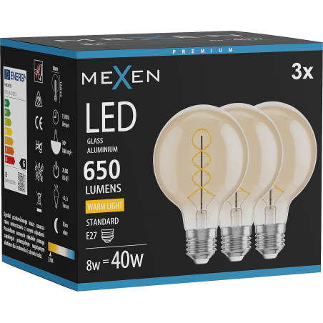 Mexen Vintis 3x LED Filament Spiralbirne E27, G80, 8W, Warm - 2700K, 650 lm, bernstein - L165-E27-0827-50x03