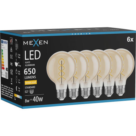 Mexen Vintis 6x LED-Filament-Spirallampe E27, G80, 8W, Warm - 2700K, 650 lm, amber - L165-E27-0827-50x06