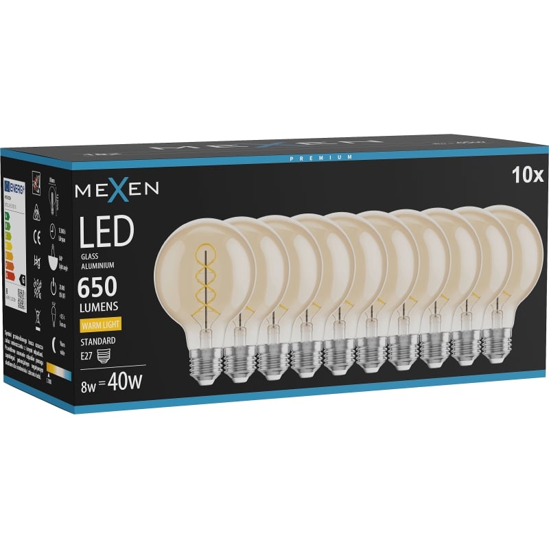 Mexen Vintis 10x LED-Filament-Spirallampe E27, G80, 8W, Warm - 2700K, 650 lm, bernstein - L165-E27-0827-50x10