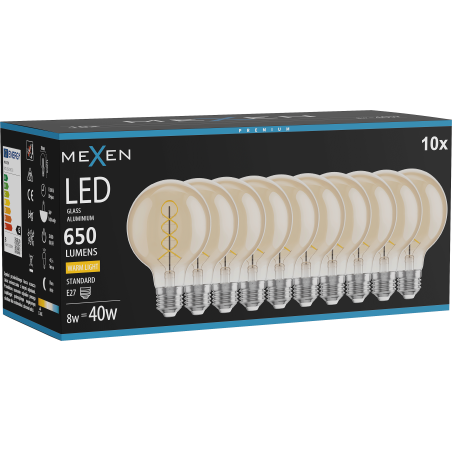 Mexen Vintis 10x LED-Filament-Spirallampe E27, G80, 8W, Warm - 2700K, 650 lm, bernstein - L165-E27-0827-50x10