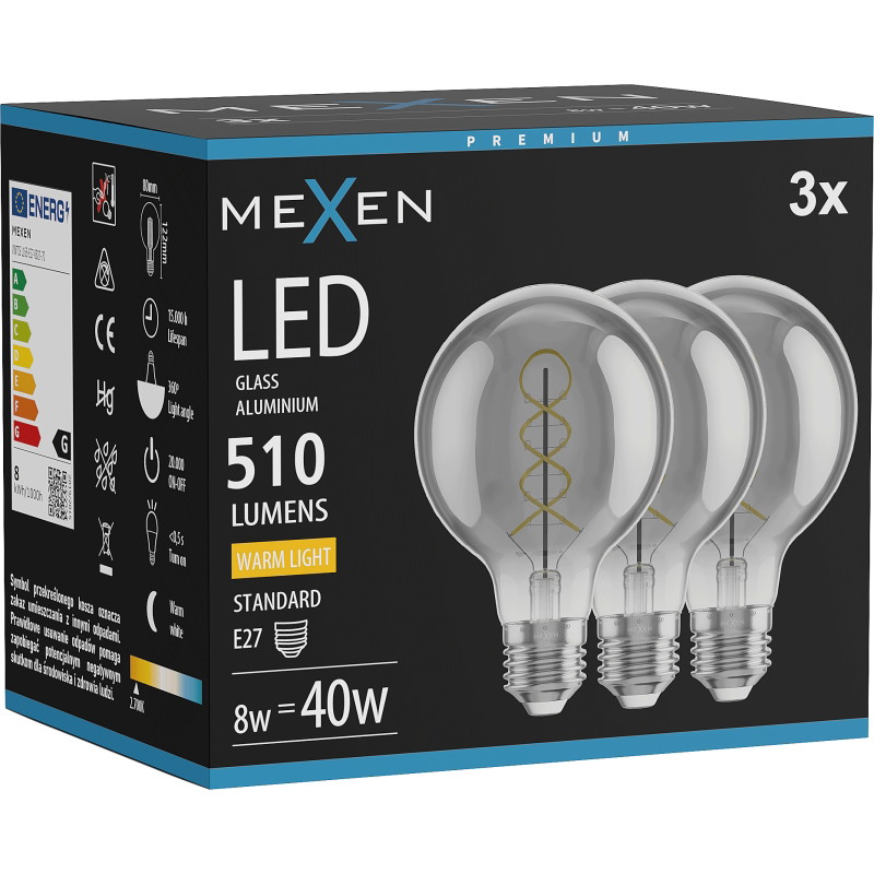 Mexen Vintis 3x Filament-LED-Glühbirne Spirale E27, G80, 8W, Warm - 2700K, 510 lm, Smoke - L165-E27-0827-70x03