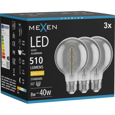 Mexen Vintis 3x Filament-LED-Glühbirne Spirale E27, G80, 8W, Warm - 2700K, 510 lm, Smoke - L165-E27-0827-70x03