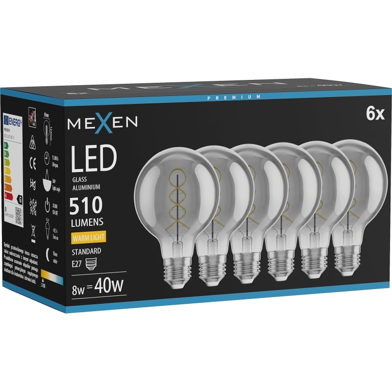 Mexen Vintis 6x Filament-LED-Glühbirne Spirale E27, G80, 8W, Warm - 2700K, 510 lm, Rauch - L165-E27-0827-70x06