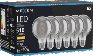 Mexen Vintis 6x Filament-LED-Glühbirne Spirale E27, G80, 8W, Warm - 2700K, 510 lm, Rauch - L165-E27-0827-70x06