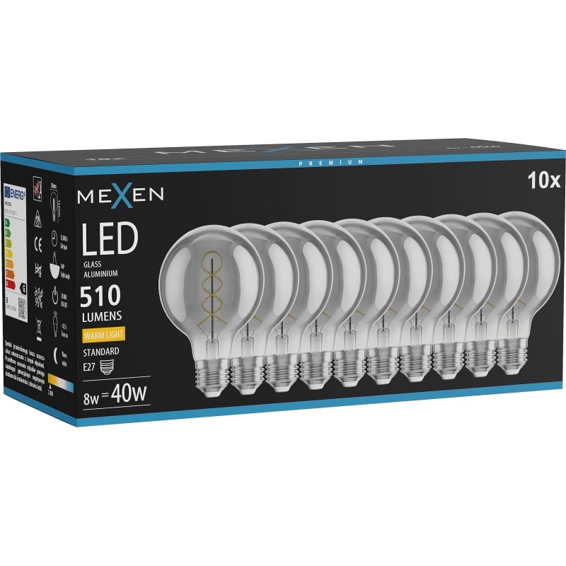 Mexen Vintis 10x LED-Filament-Spiral-Glühbirne E27, G80, 8W, Warm - 2700K, 510 lm, Smoke - L165-E27-0827-70x10