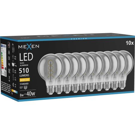 Mexen Vintis 10x LED-Filament-Spiral-Glühbirne E27, G80, 8W, Warm - 2700K, 510 lm, Smoke - L165-E27-0827-70x10
