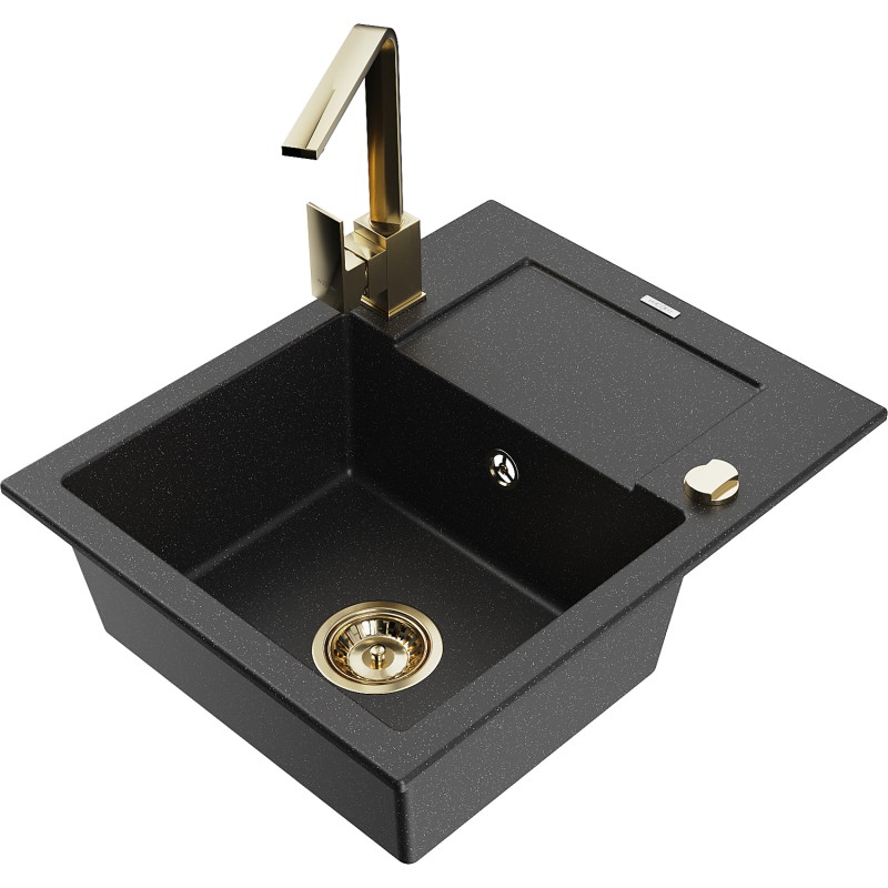 Mexen Enzo Granitspüle 1-Becken mit Abtropffläche und Küchenarmatur Rita, schwarz/silber metallic - 6506-73-670300-50