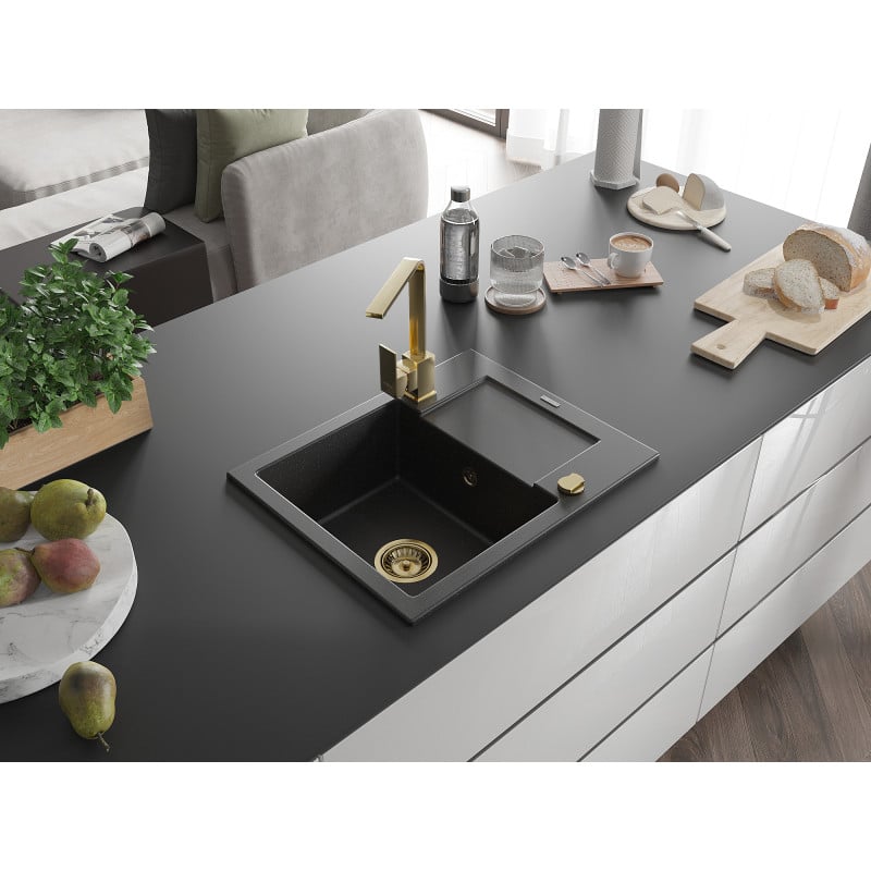 Mexen Enzo Granitspüle 1-beckig mit Abtropffläche und Küchenarmatur Rita, schwarz/silber metallic - 6506-73-670300-50