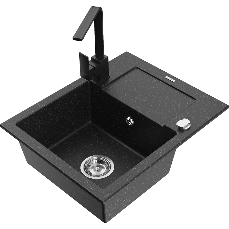 Mexen Enzo Granitspüle 1-becken mit Abtropffläche und Küchenarmatur Rita, schwarz/silber metallic - 6506-73-670300-70