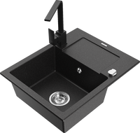 Mexen Enzo Granitspüle 1-becken mit Abtropffläche und Küchenarmatur Rita, schwarz/silber metallic - 6506-73-670300-70
