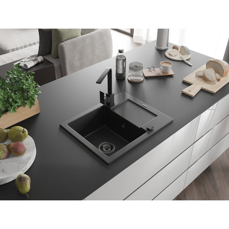 Mexen Enzo Granitspüle 1-beckig mit Abtropffläche und Küchenarmatur Rita, schwarz/silber metallic - 6506-73-670300-70-B