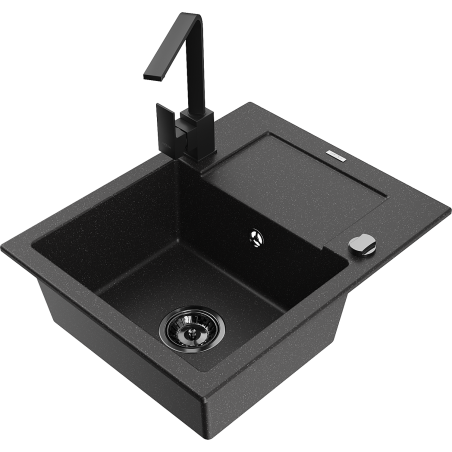 Mexen Enzo Granitspüle 1-Becken mit Abtropffläche und Küchenarmatur Rita, schwarz/silberner Metallic - 6506-73-670300-70-B