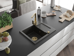 Mexen Enzo Granitspüle 1-Becken mit Abtropffläche und Küchenarmatur Rita, schwarz/gold Metallic - 6506-75-670300-50