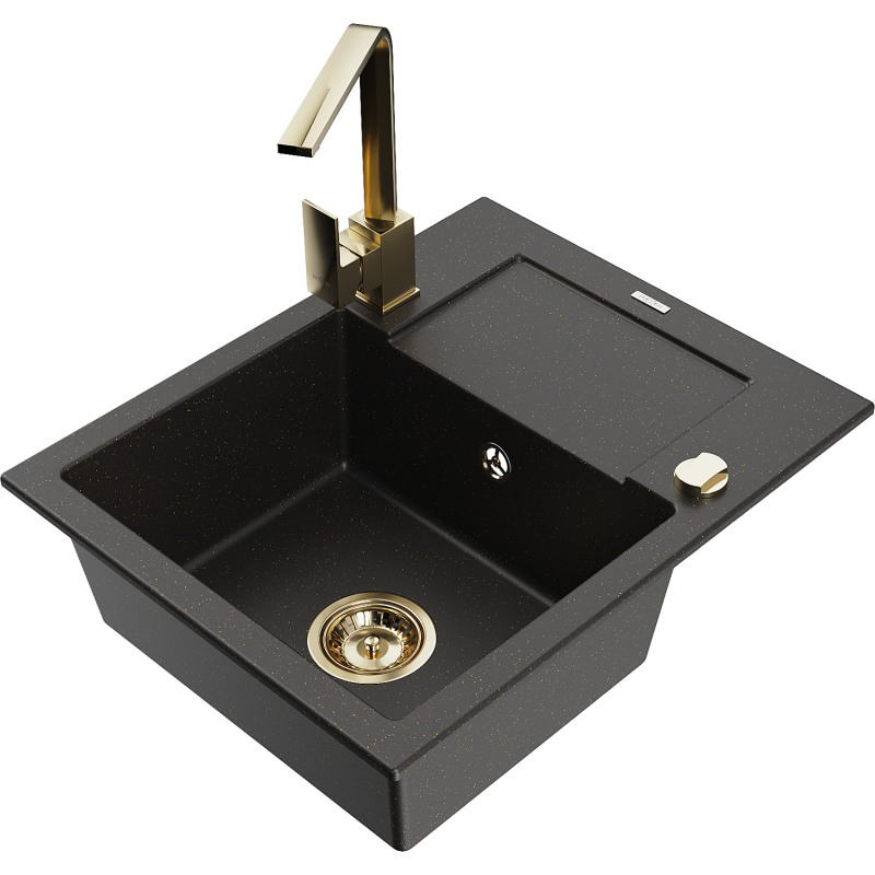 Mexen Enzo Granitspüle 1-Becken mit Abtropffläche und Küchenarmatur Rita, schwarz/gold Metallic - 6506-75-670300-50