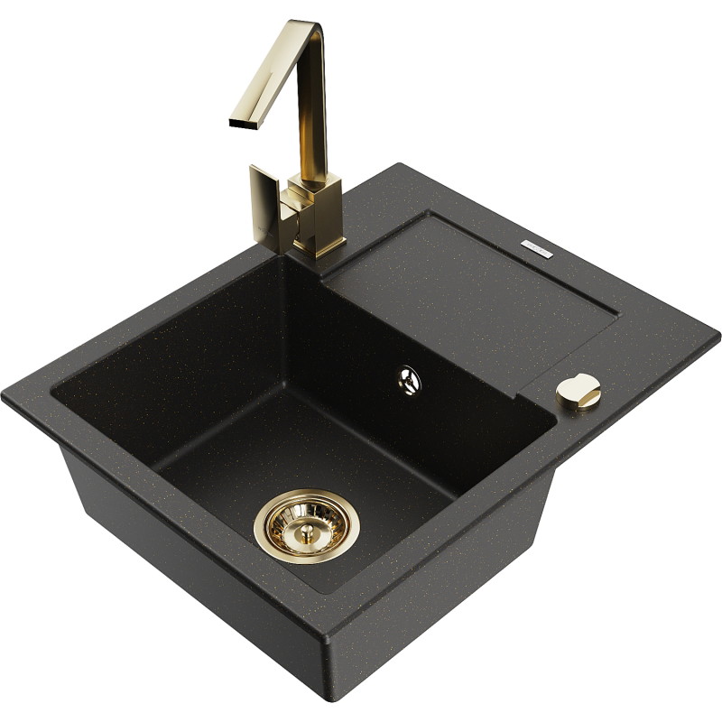 Mexen Enzo granitspüle mit 1 Becken, Abtropffläche und Küchenarmatur Rita, schwarz/goldmetallic - 6506-75-670300-50