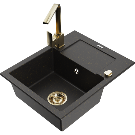 Mexen Enzo Granitspüle 1-Becken mit Abtropffläche und Küchenarmatur Rita, schwarz/gold Metallic - 6506-75-670300-50