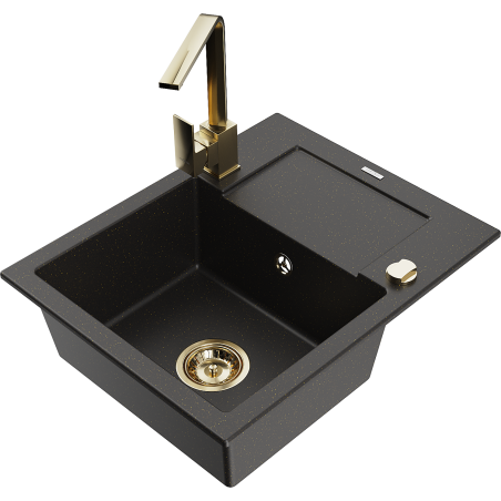 Mexen Enzo granitspülen einbecken mit abtropfbrett und küchenarmatur Rita, schwarz/gold metallic - 6506-75-670300-50