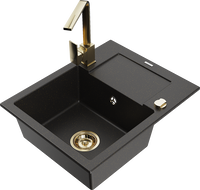 Mexen Enzo Granitspüle 1-Becken mit Abtropffläche und Küchenarmatur Rita, schwarz/gold Metallic - 6506-75-670300-50