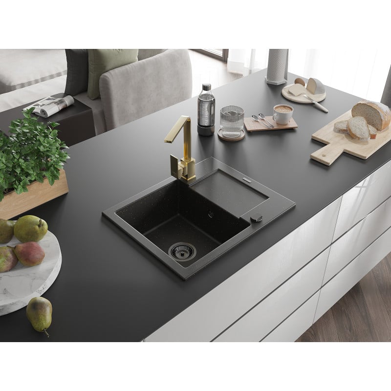 Mexen Enzo Granitspüle 1-beckig mit Abtropffläche und Küchenarmatur Rita, schwarz/gold Metallic - 6506-75-670300-50-B