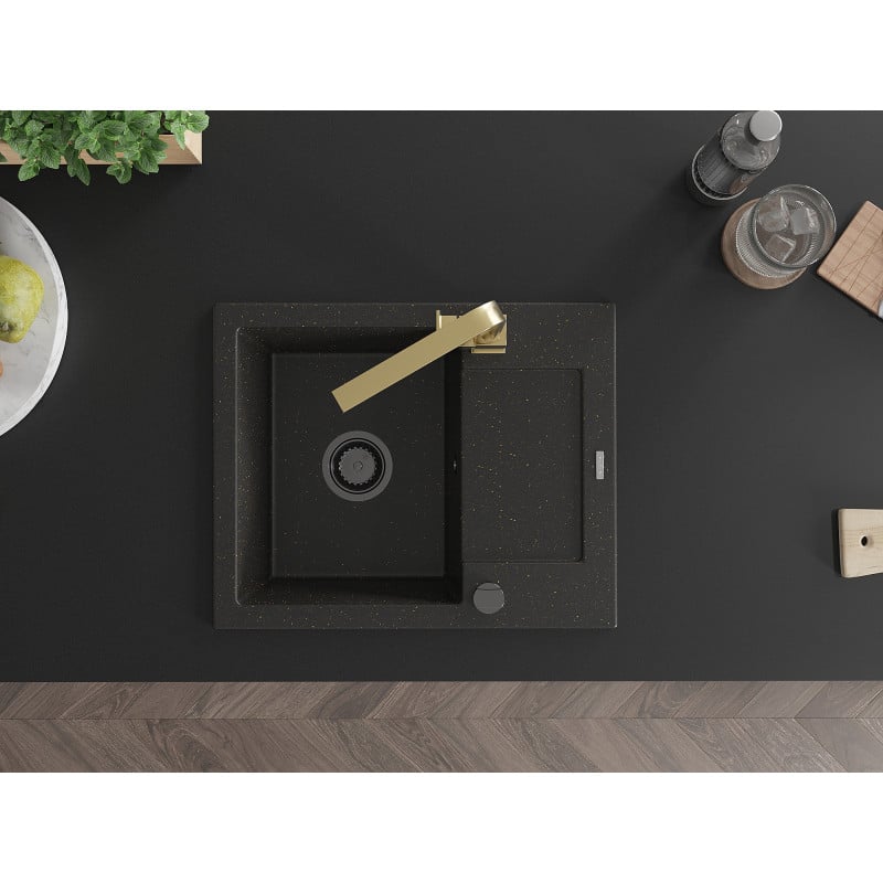 Mexen Enzo Granitspüle 1-beckig mit Abtropffläche und Küchenarmatur Rita, schwarz/gold Metallic - 6506-75-670300-50-B