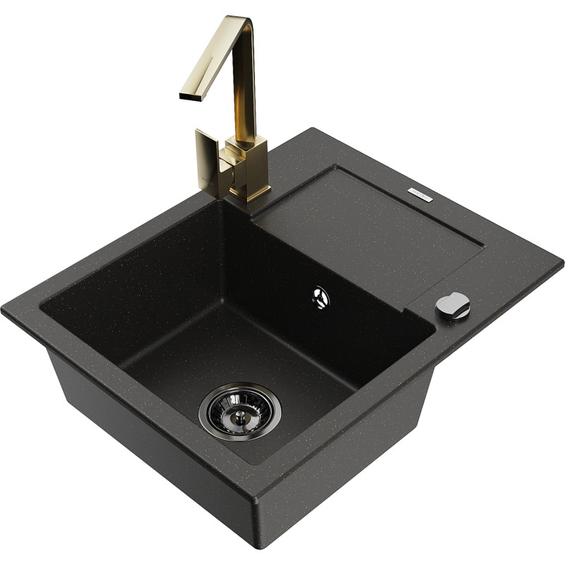 Mexen Enzo Granitspüle 1-Becken mit Abtropffläche und Küchenarmatur Rita, schwarz/gold metallic - 6506-75-670300-50-B