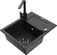 Mexen Enzo Granitspüle einbecken mit Abtropffläche und Küchenarmatur Rita, schwarz/goldener Metallic - 6506-75-670300-70-B