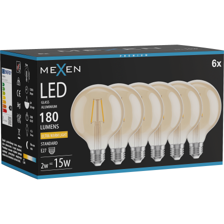 Mexen Vintis 6x Filament-LED-Glühbirne E27, G95, 2W, Warm - 2200K, 180 lm, amber - L157-E27-0222-50x06