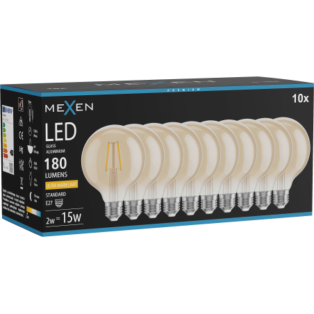 Mexen Vintis 10x Filament-LED-Glühbirne E27, G95, 2W, Warm - 2200K, 180 lm, Bernstein - L157-E27-0222-50x10