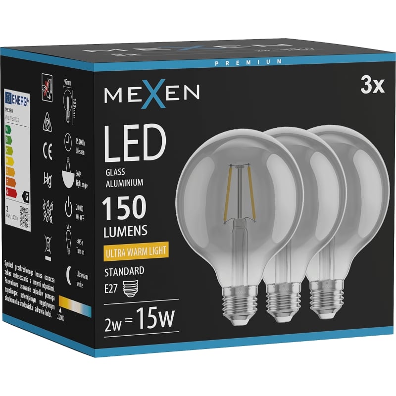 Mexen Vintis 3x LED-Filament-Glühbirne E27, G95, 2W, Warm - 2200K, 150 lm, smoke - L157-E27-0222-70x03