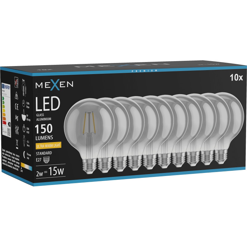 Mexen Vintis 10x LED-Filament-Glühbirne E27, G95, 2W, Warm - 2200K, 150 lm, Rauch - L157-E27-0222-70x10