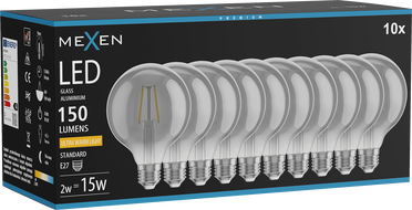 Mexen Vintis 10x LED-Filament-Glühbirne E27, G95, 2W, Warm - 2200K, 150 lm, Rauch - L157-E27-0222-70x10