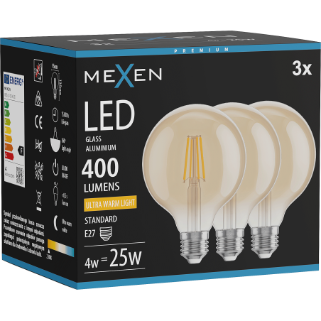Mexen Vintis 3x LED-Filament-Glühbirne E27, G95, 4W, Warm - 2200K, 400 lm, amber - L157-E27-0422-50x03