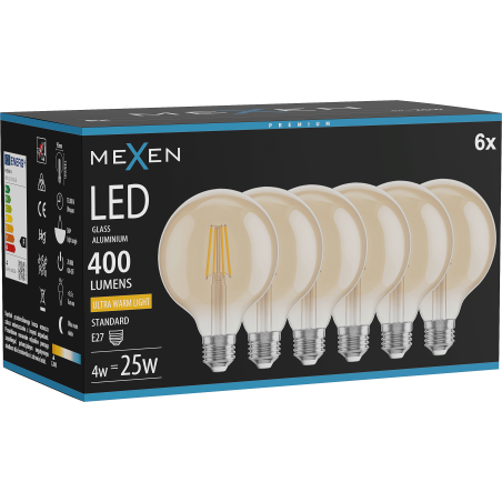 Mexen Vintis 6x LED-Filamentlampe E27, G95, 4W, Warm - 2200K, 400 lm, amber - L157-E27-0422-50x06