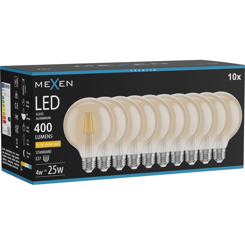 Mexen Vintis 10x LED-Filamentlampe E27, G95, 4W, Warm - 2200K, 400 lm, bernstein - L157-E27-0422-50x10