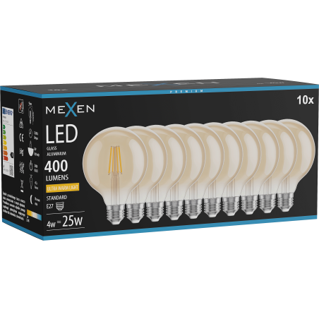 Mexen Vintis 10x LED-Filamentlampe E27, G95, 4W, Warm - 2200K, 400 lm, bernstein - L157-E27-0422-50x10