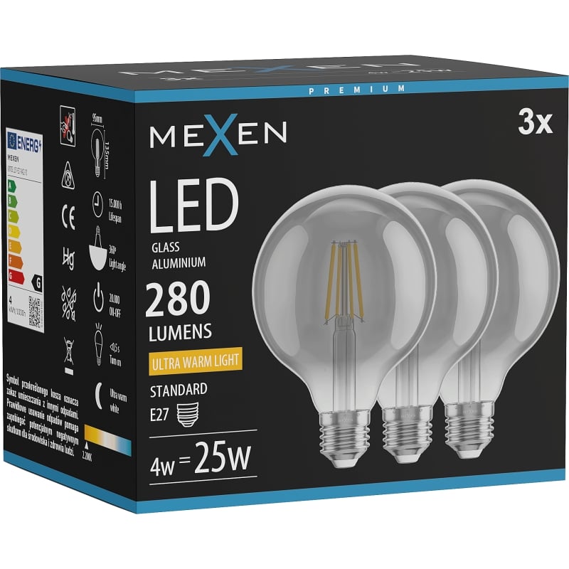 Mexen Vintis 3x LED-Filamentlampe E27, G95, 4W, Warm - 2200K, 280 lm, Rauch - L157-E27-0422-70x03
