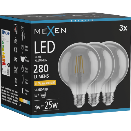 Mexen Vintis 3x LED-Filamentlampe E27, G95, 4W, Warm - 2200K, 280 lm, Rauch - L157-E27-0422-70x03