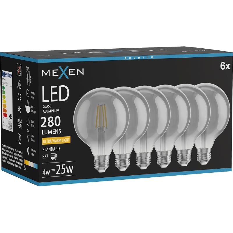 Mexen Vintis 6x LED-Filament-Glühbirne E27, G95, 4W, Warm - 2200K, 280 lm, Rauch - L157-E27-0422-70x06