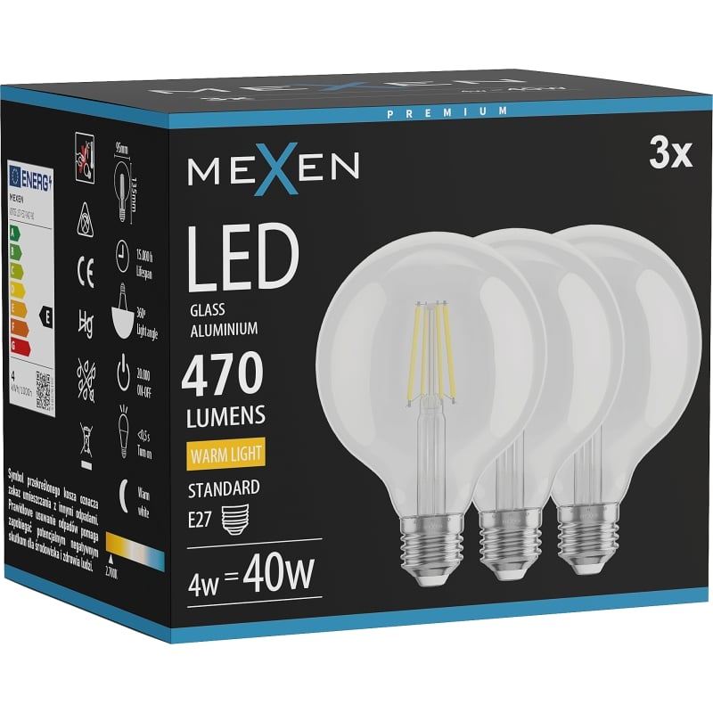 Mexen Vintis 3x LED-Filamentlampe E27, G95, 4W, Warm - 2700K, 470 lm, klar - L157-E27-0427-00x03